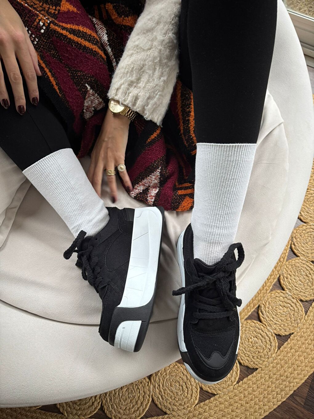 Siyah Kadın Rahat Kalıp Ortopedik Günlük Bağcıklı Sneakers Ve Spor Ayakkabı Yüksek Taban 6 Cm-2