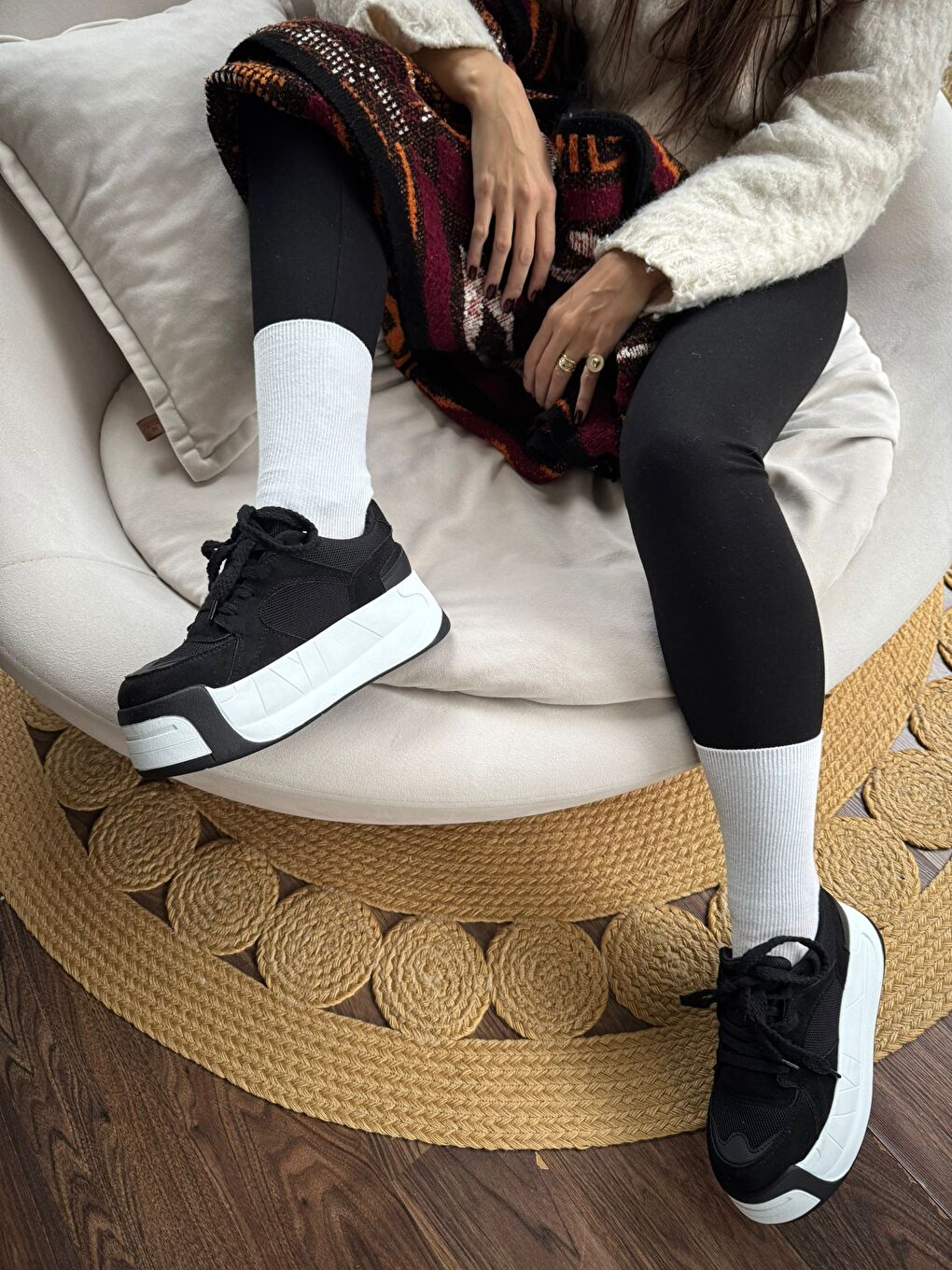 Siyah Kadın Rahat Kalıp Ortopedik Günlük Bağcıklı Sneakers Ve Spor Ayakkabı Yüksek Taban 6 Cm-3