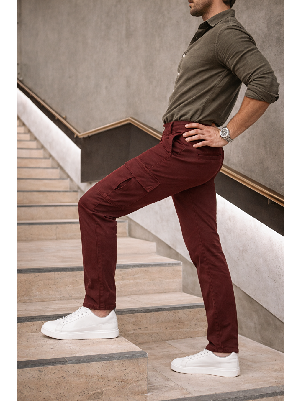 Kahverengi Erkek Yüksek Bel Bol Paça Kiremit Kargo Baggy Pantolon-4