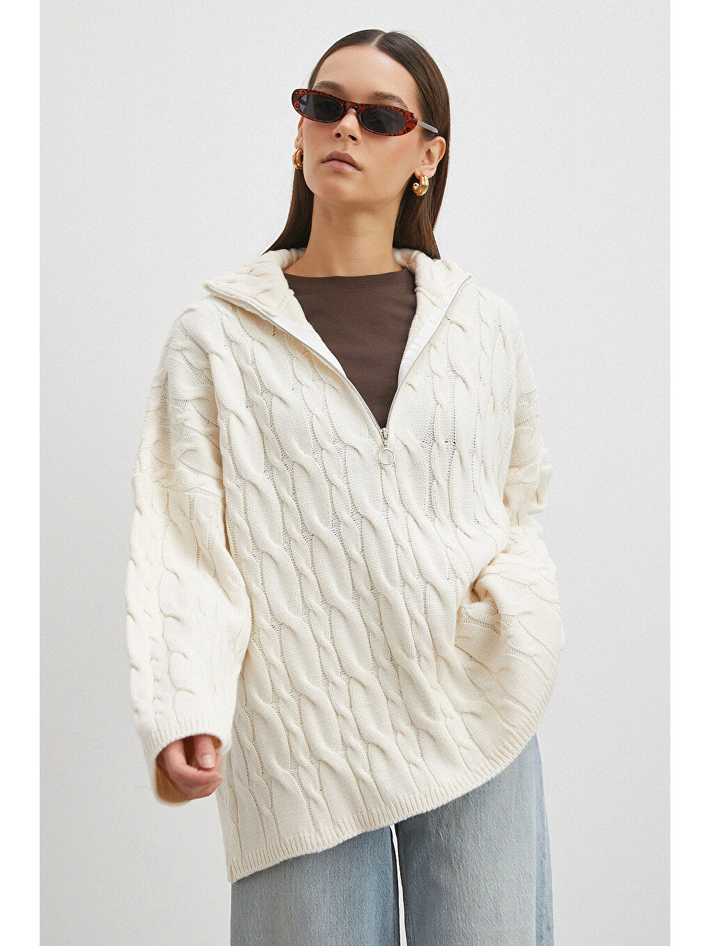 Saç Örgülü Yarım Fermuarlı Kazak Ekru-2