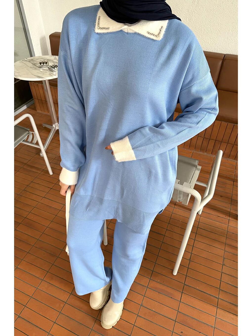 Yakası Taşlı Triko Takım Bebe Mavisi-2