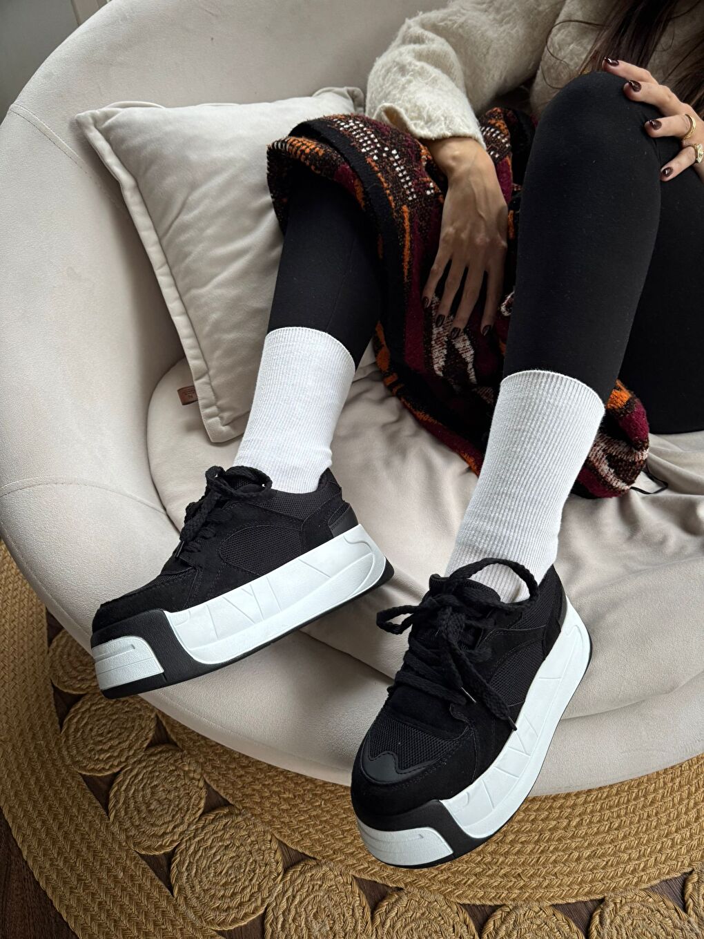 Siyah Kadın Rahat Kalıp Ortopedik Günlük Bağcıklı Sneakers Ve Spor Ayakkabı Yüksek Taban 6 Cm-4