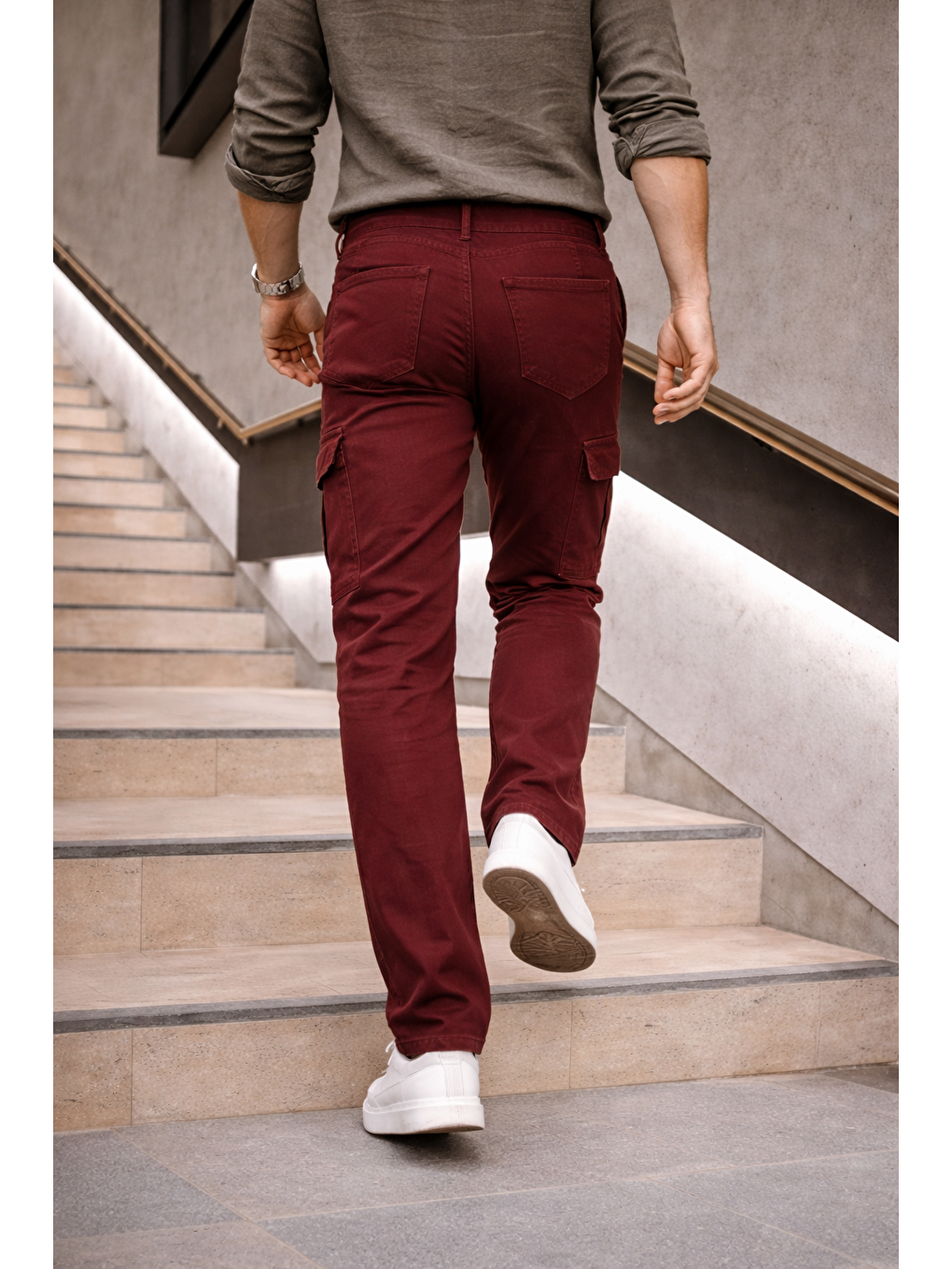 Kahverengi Erkek Yüksek Bel Bol Paça Kiremit Kargo Baggy Pantolon-5