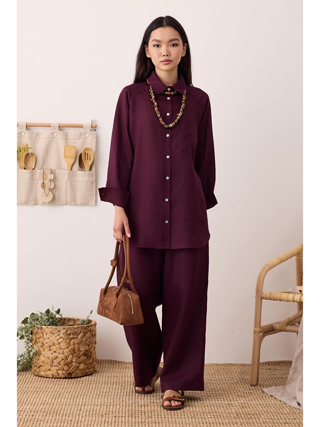 Reglan Kol Basic Keten Gömlek Bordo