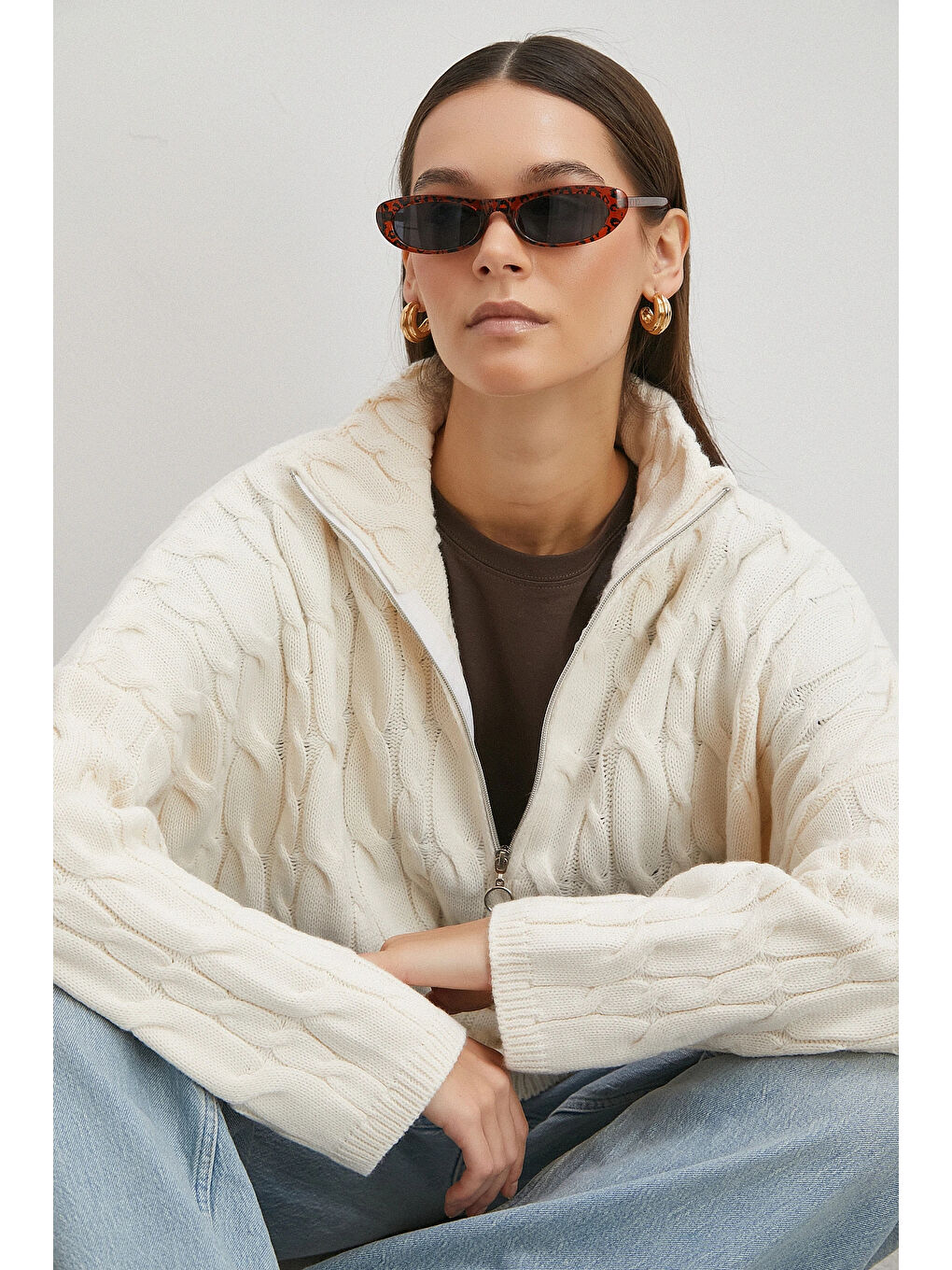 Saç Örgülü Yarım Fermuarlı Kazak Ekru-3