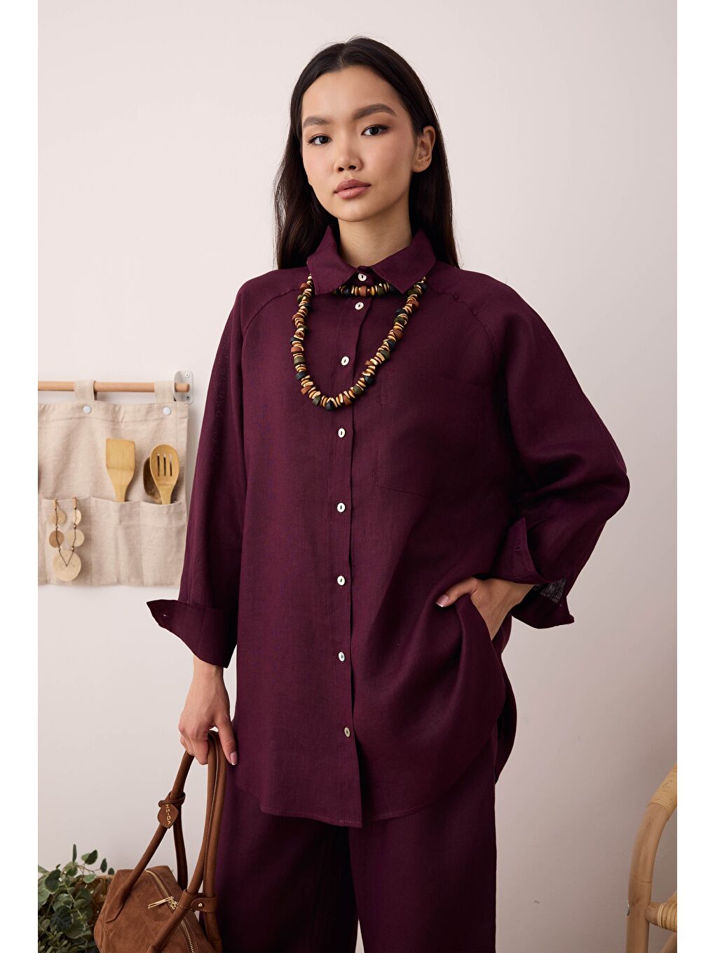 Reglan Kol Basic Keten Gömlek Bordo-1