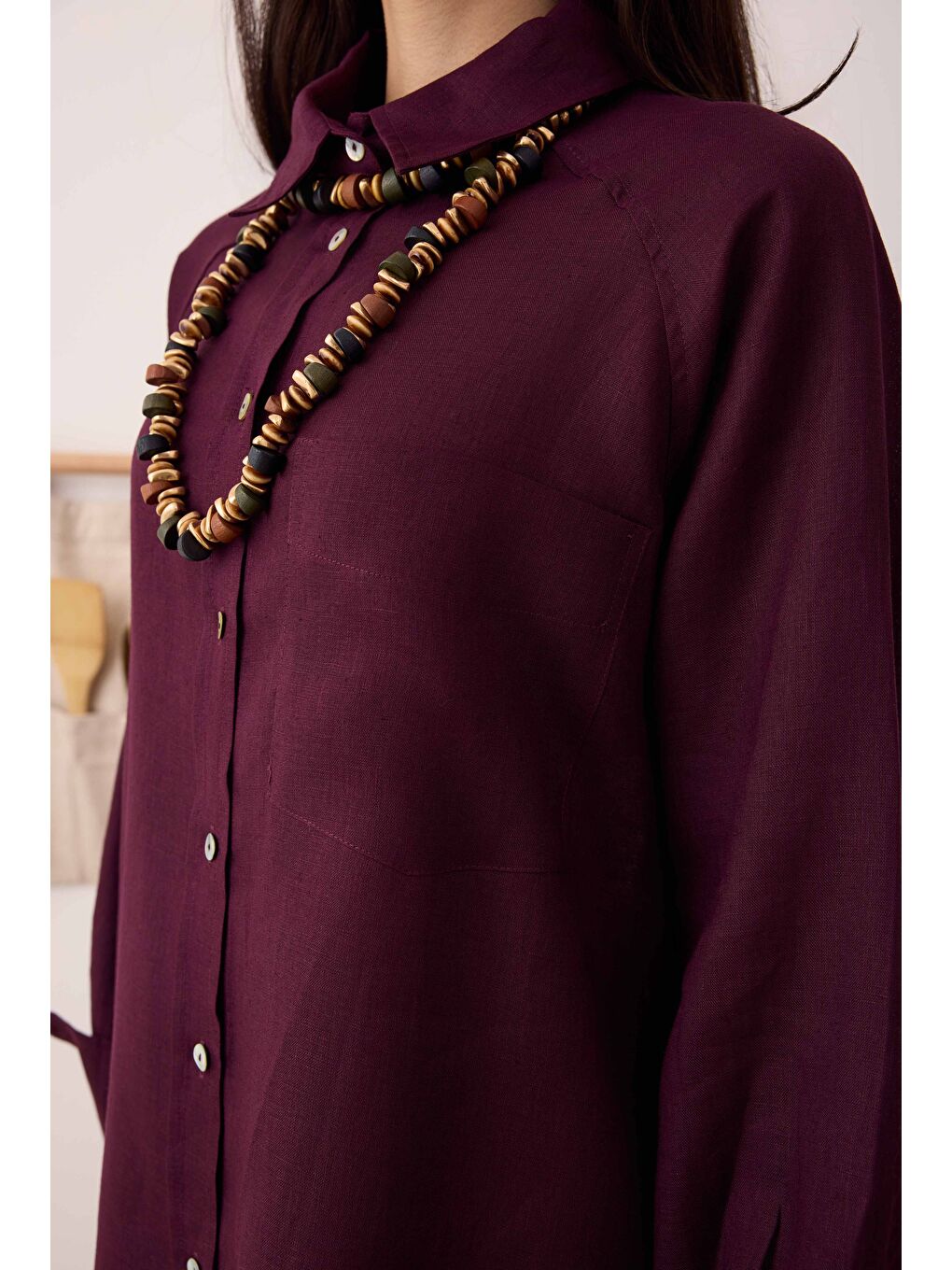 Reglan Kol Basic Keten Gömlek Bordo-2