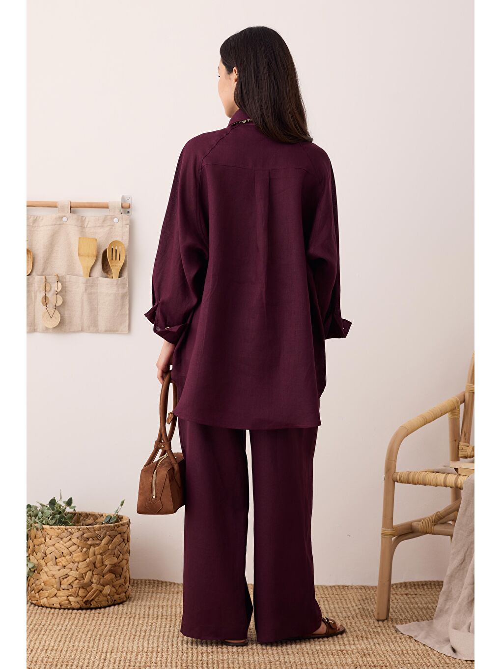 Reglan Kol Basic Keten Gömlek Bordo-3