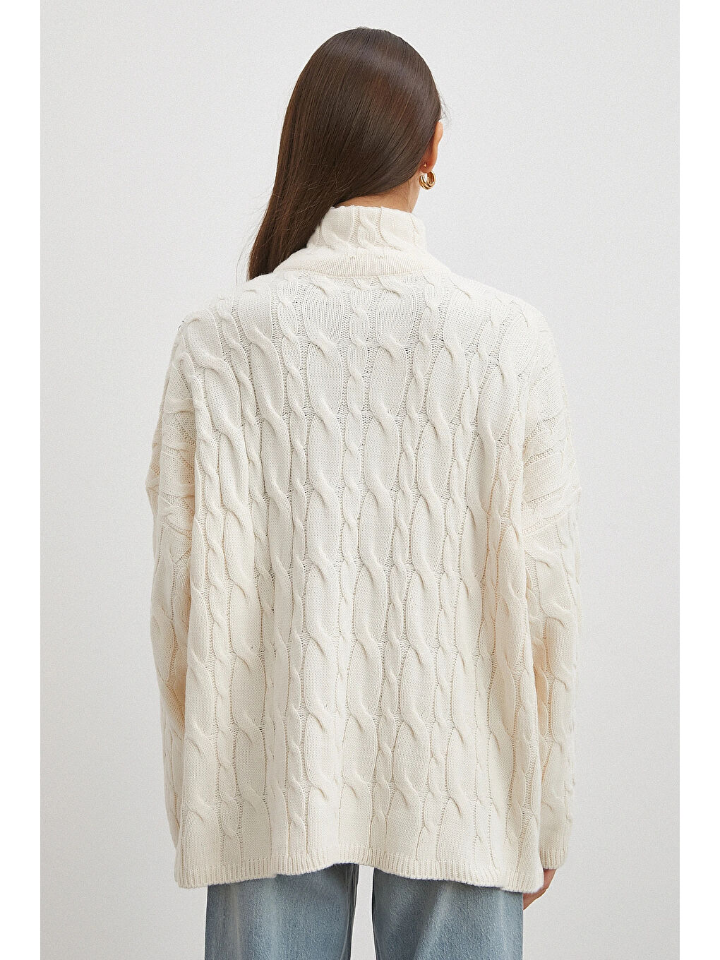 Saç Örgülü Yarım Fermuarlı Kazak Ekru-5