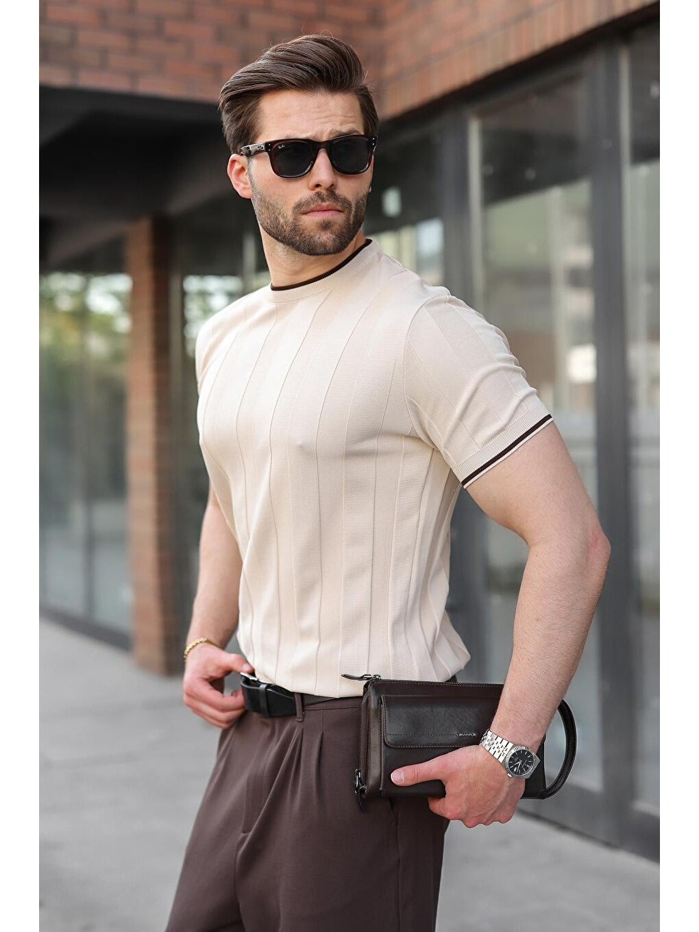 Bej Taş Rengi Bisiklet Yaka Regular Fit Triko Erkek Tişört E7487