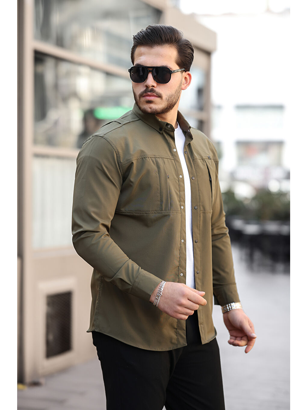 Yeşil Erkek Gizli Cep Paraşüt Kumaş Gömlek-1