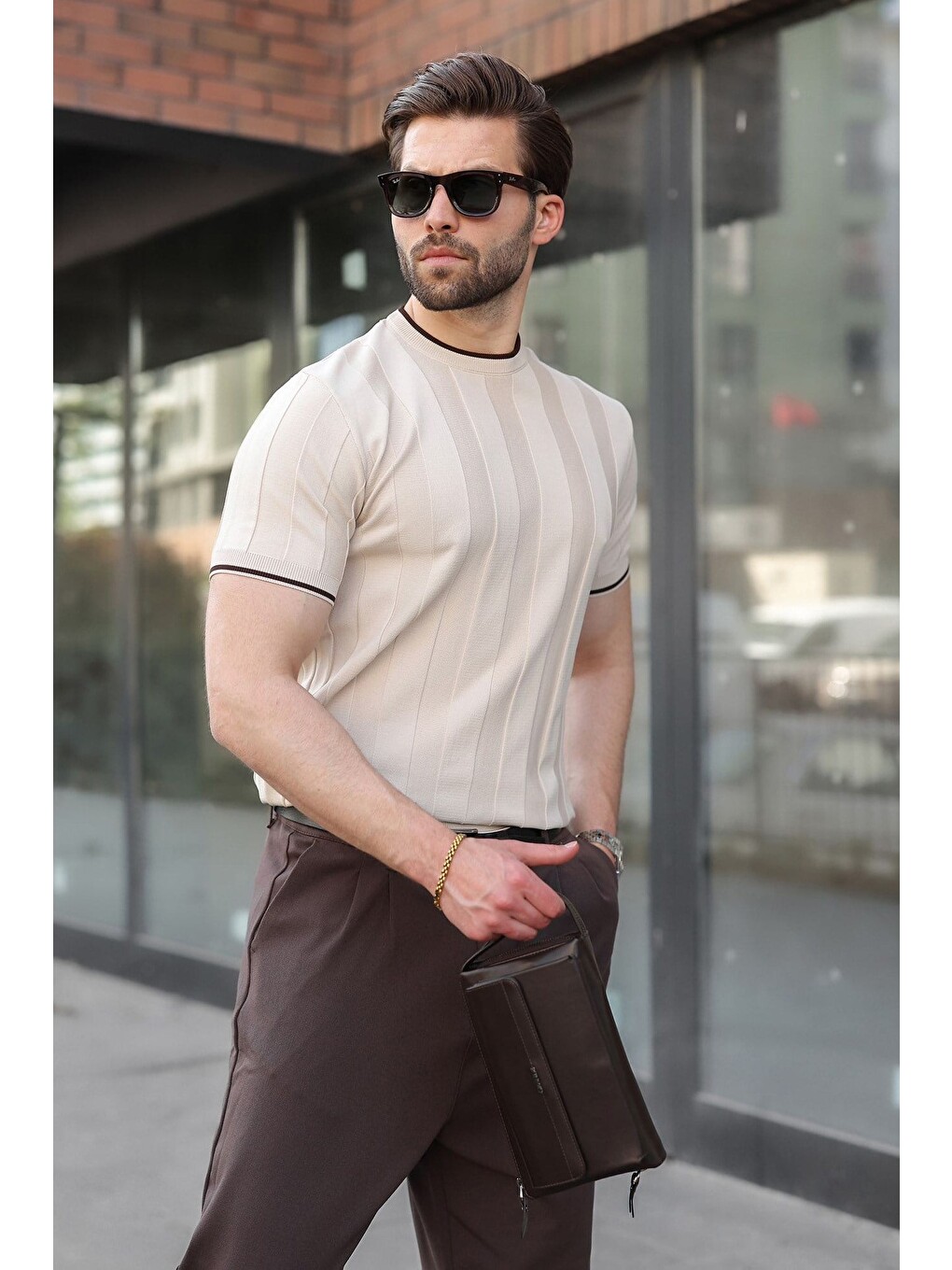Bej Taş Rengi Bisiklet Yaka Regular Fit Triko Erkek Tişört E7487-1
