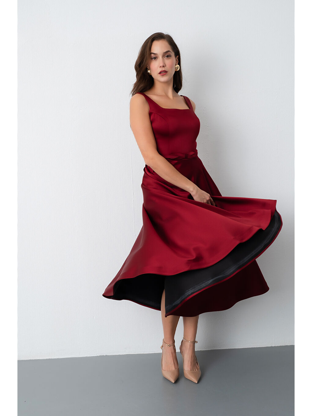 Kadın Bordo Kare Yaka Kemerli Midi Söz Nişan Elbisesi-2