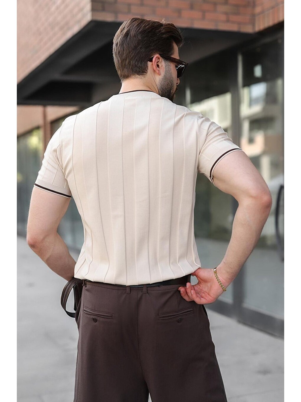 Bej Taş Rengi Bisiklet Yaka Regular Fit Triko Erkek Tişört E7487-3