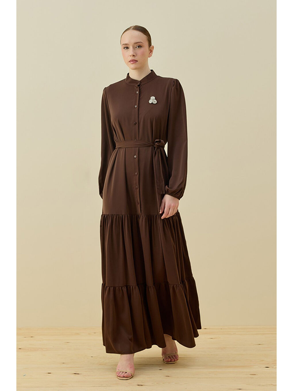 Broşlu Elbise 1669 Kahverengi