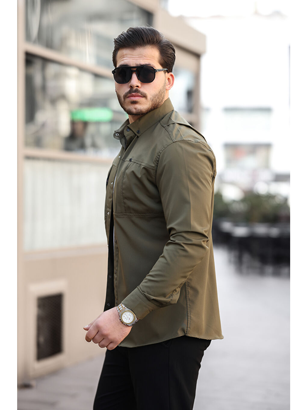 Yeşil Erkek Gizli Cep Paraşüt Kumaş Gömlek-2