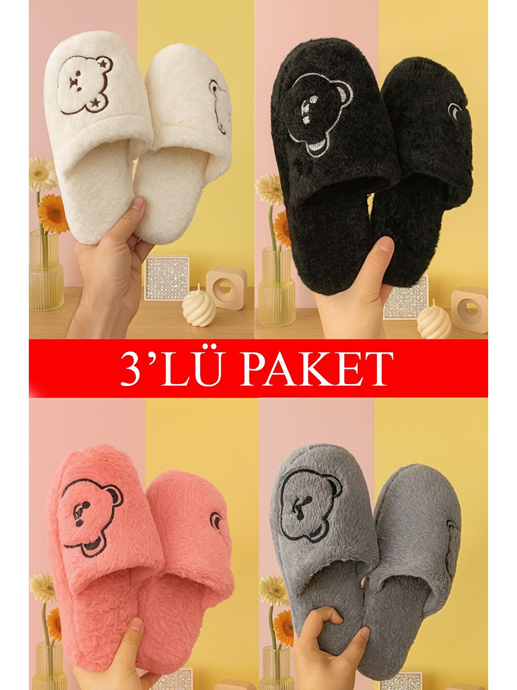 Karışık 3'lü Paket MOMO Ayıcık Kapalı Kadın Terlik Ev Terliği