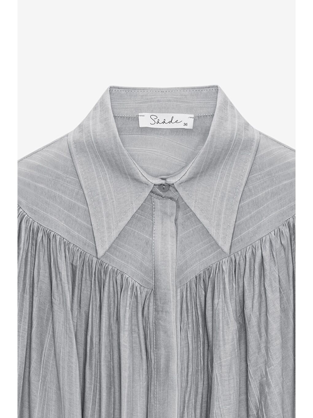 Gri Kadın Oversize Büzgülü Düşük Omuz Dokulu Gömlek - Manşet Detaylı-1