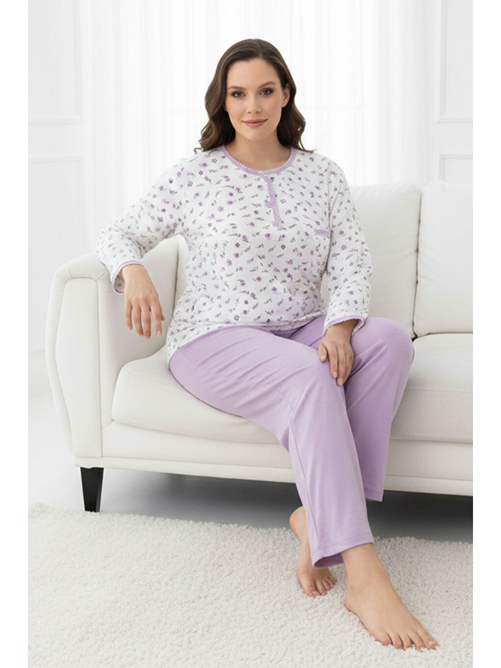 Kadın Uzun Kol Kroşetalı Patlı Pamuklu Pijama Takımı 240854 Beyaz-3