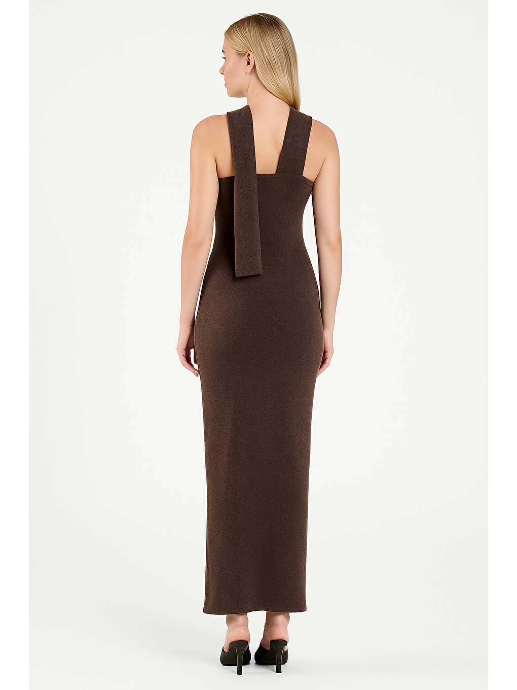 Ottoman Kumaş Uzun Elbise – Kahverengi | Kolsuz Boyundan Bağlamalı-1