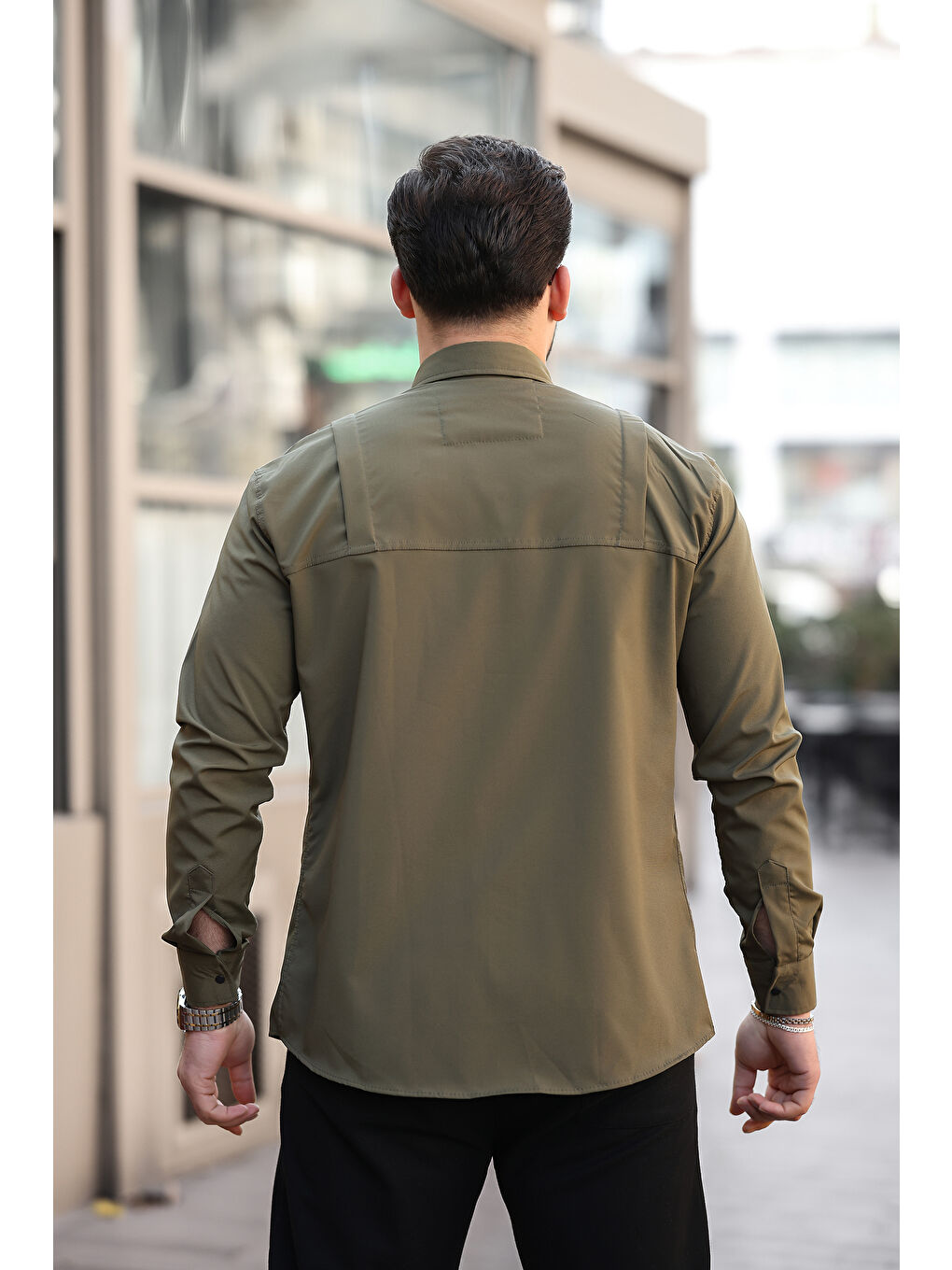 Yeşil Erkek Gizli Cep Paraşüt Kumaş Gömlek-3