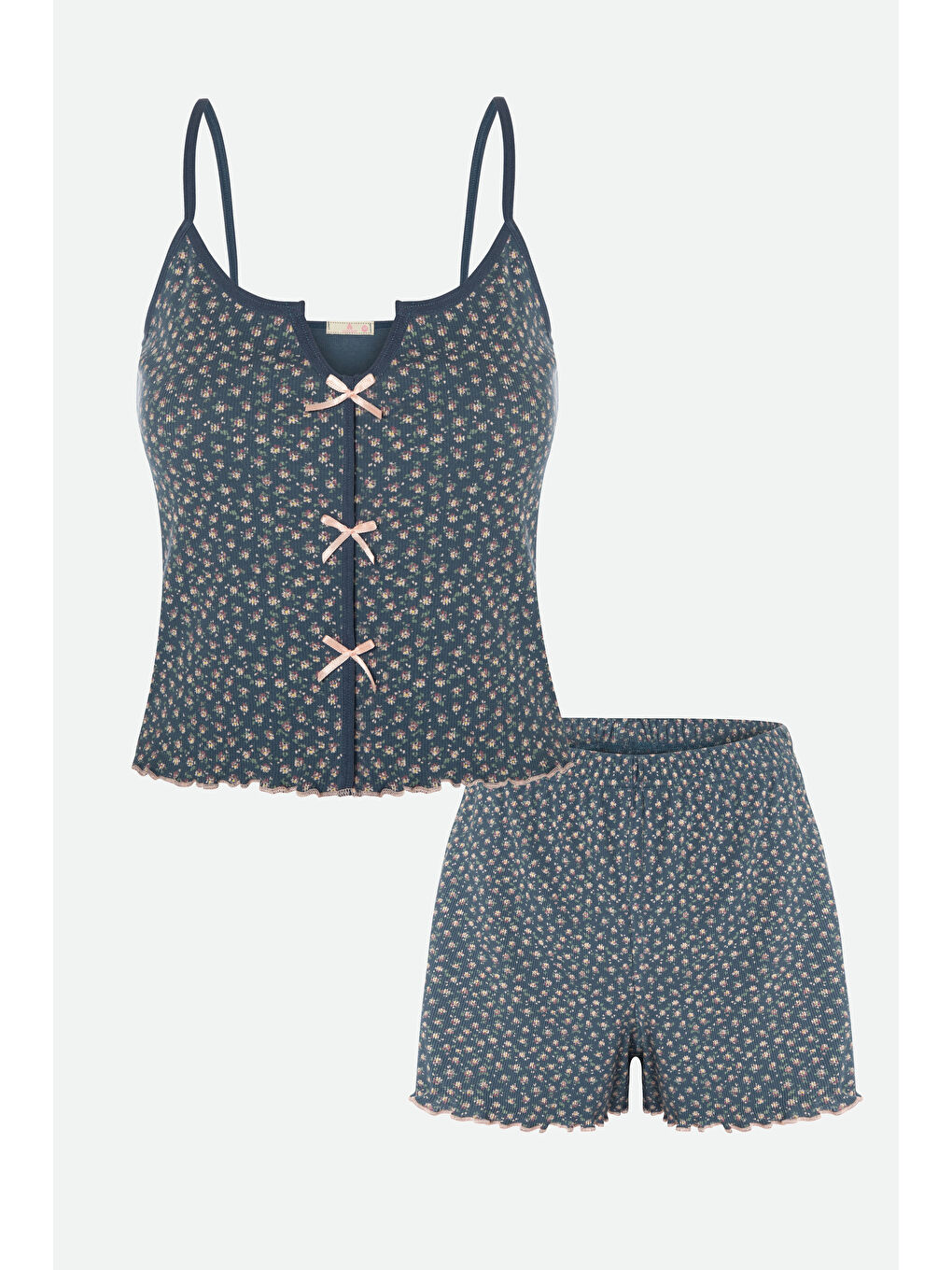 Mavi Kadın Çiçek Desenli Gül Fiyonklu İp Askılı Şort Takım