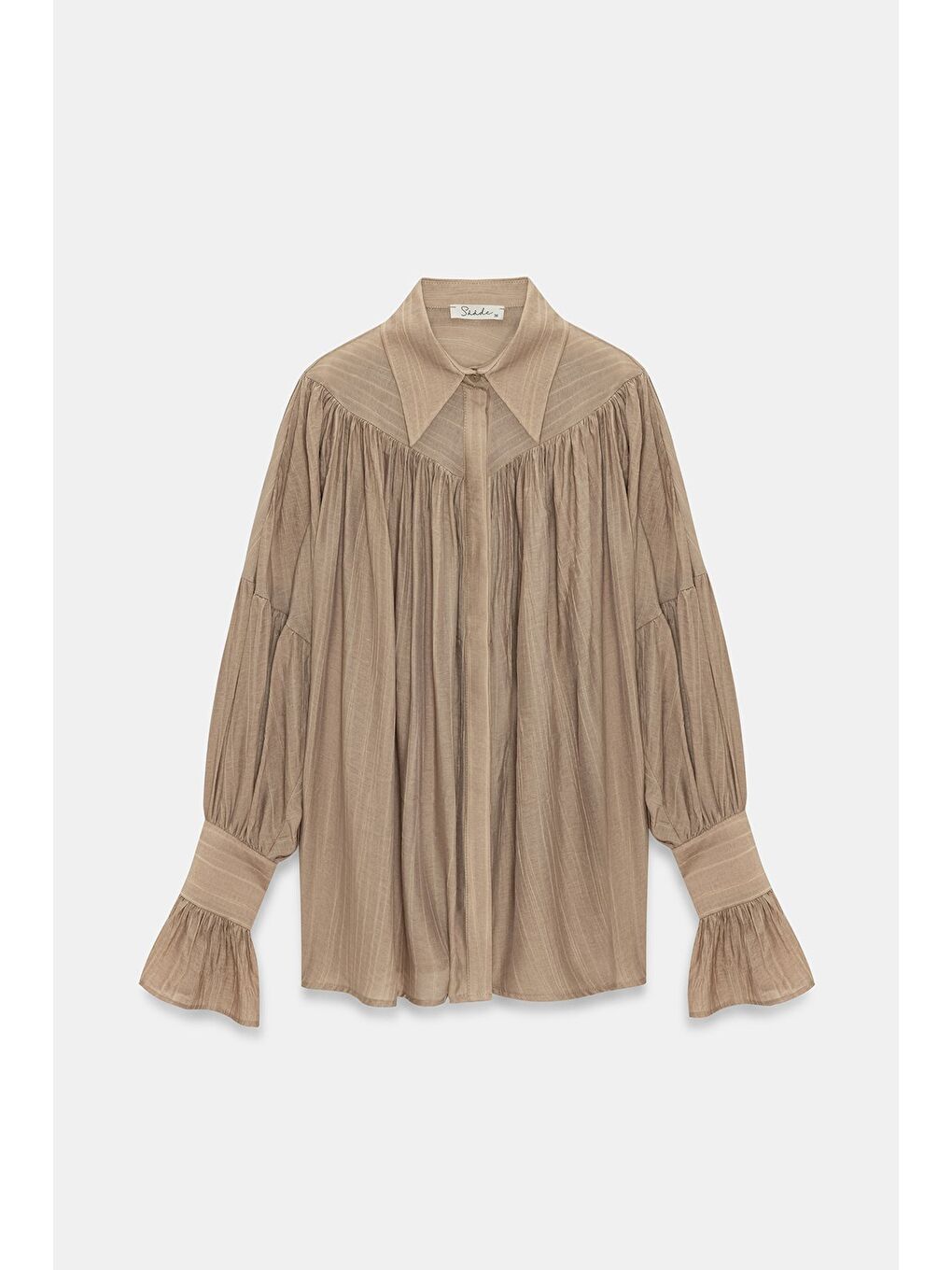 Bej Vizon Kadın Oversize Büzgülü Düşük Omuz Dokulu Gömlek - Manşet Detaylı