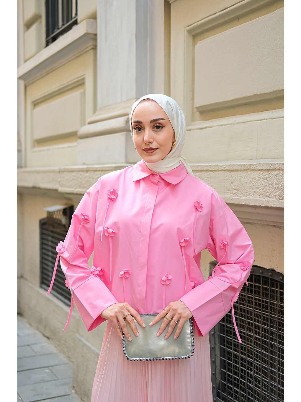 Kadın Çiçek Desenli Gömlek Pembe-2