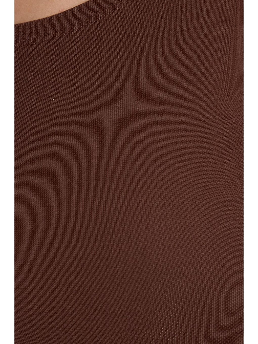 Kahverengi Kadın Slim Fit Dar Kesim Pamuklu Modal Kumaş Uzun Kollu Kayık Yaka Koyu Kahve Bluz-5