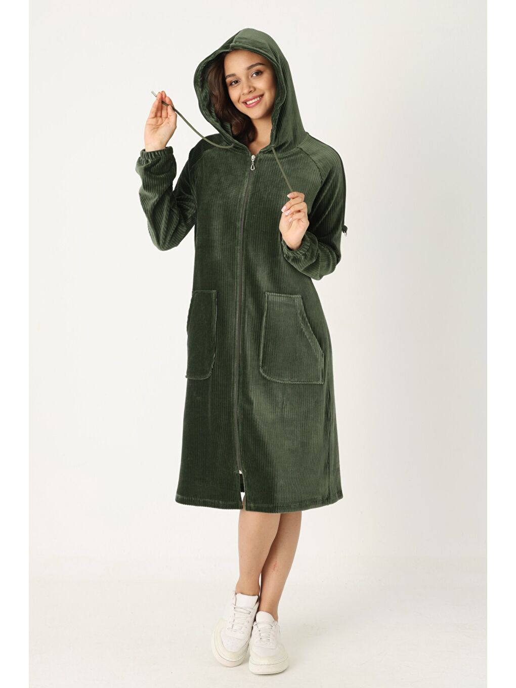 Kadın Haki Kapüşonlu Fermuarlı Pamuklu Kadife Cepli Elbise-1