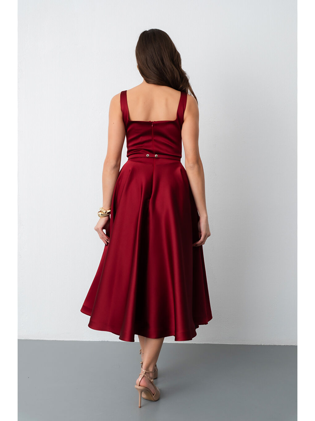 Kadın Bordo Kare Yaka Kemerli Midi Söz Nişan Elbisesi-5