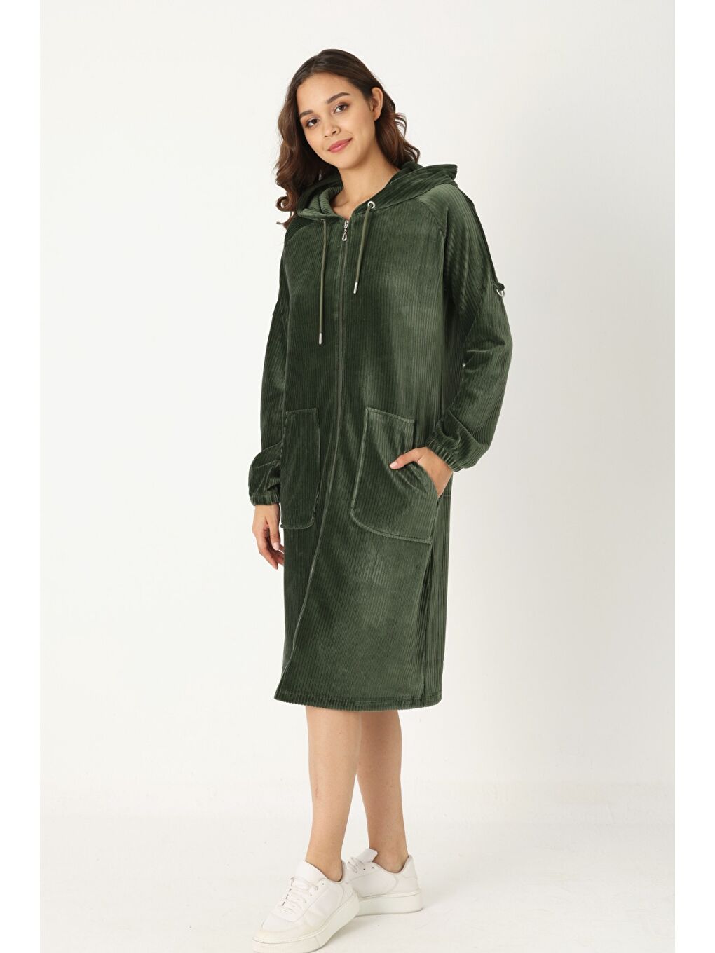 Kadın Haki Kapüşonlu Fermuarlı Pamuklu Kadife Cepli Elbise-4