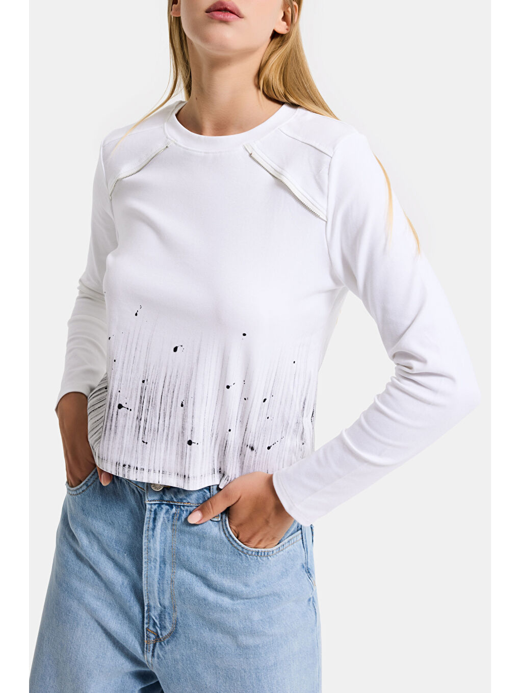 Kadın Beyaz w5 Özel Baskılı Kumaş Fermuar Detaylı Tasarım Body-2