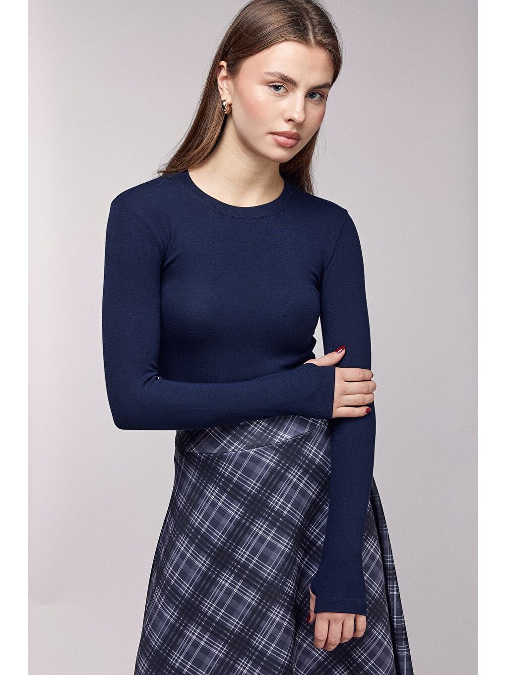 Lacivert Kadın Bisiklet Yaka Parmak Geçmeli Uzun Kollu Body/Bluz