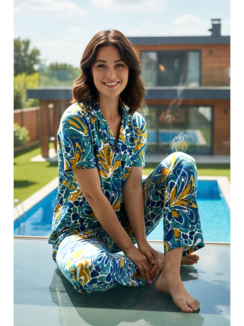 Kadın Desenli Kısa Kol Elastanlı Viskon Pijama Takımı 0293 Petrol03-3