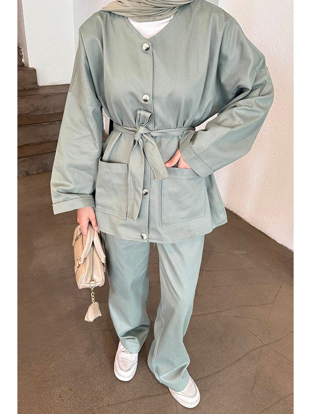 Kuşaklı Gabardin Takım Çağla Yeşili-2