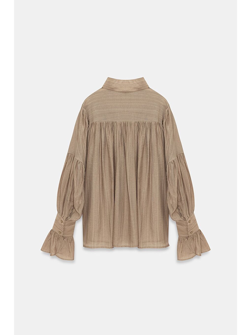 Bej Vizon Kadın Oversize Büzgülü Düşük Omuz Dokulu Gömlek - Manşet Detaylı-4