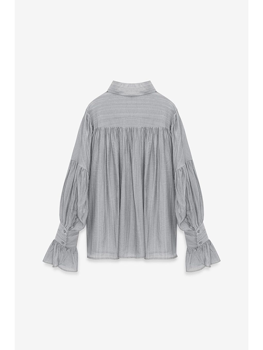 Gri Kadın Oversize Büzgülü Düşük Omuz Dokulu Gömlek - Manşet Detaylı-4