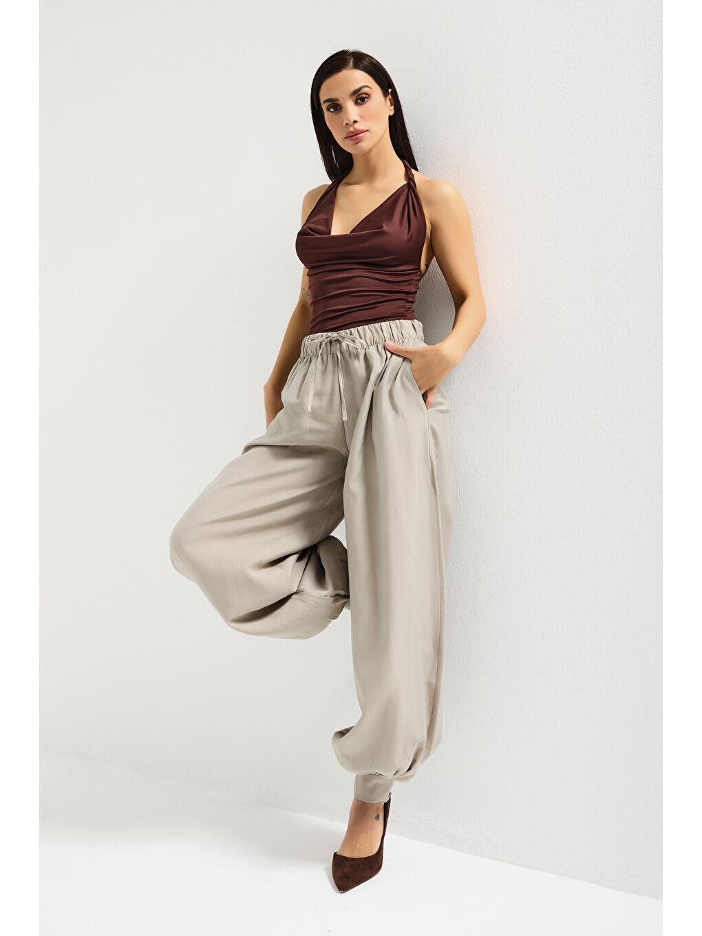 Bej Kadın Taş Renk s5-106 Baggy Fit Viskon Kumaş Rahat Kesim Yürüyüş Pantolonu-1