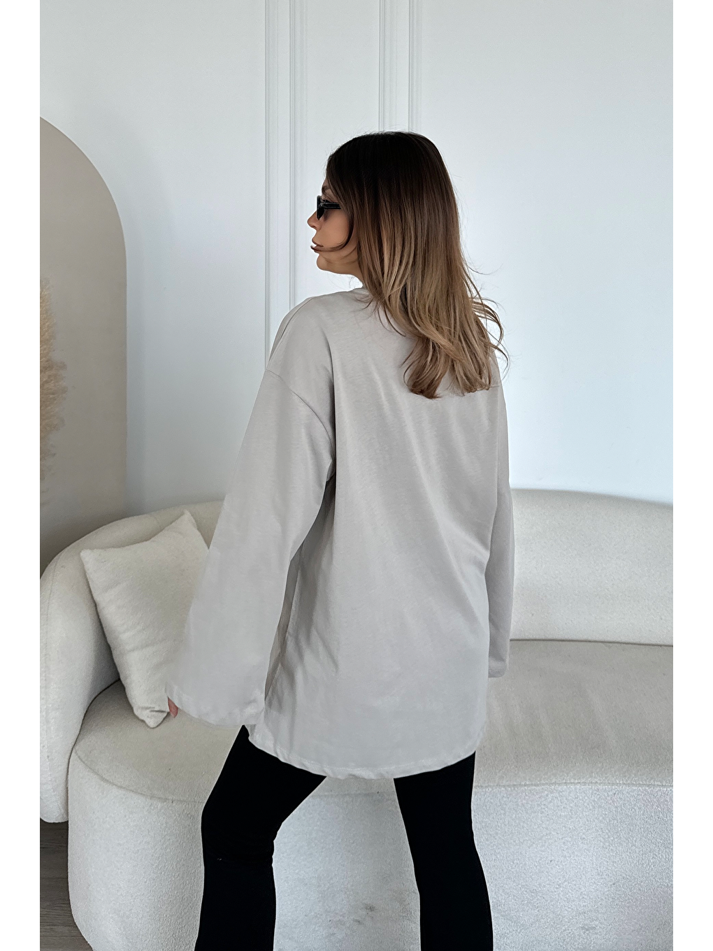 Geniş Kol Oversize 2'Li Paket T-Shirt 964 Gri/Bej-4