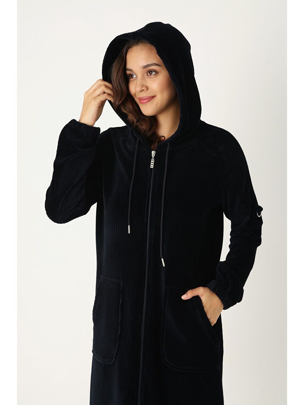 Siyah Kadın Haki Kapüşonlu Fermuarlı Pamuklu Kadife Cepli Elbise-2