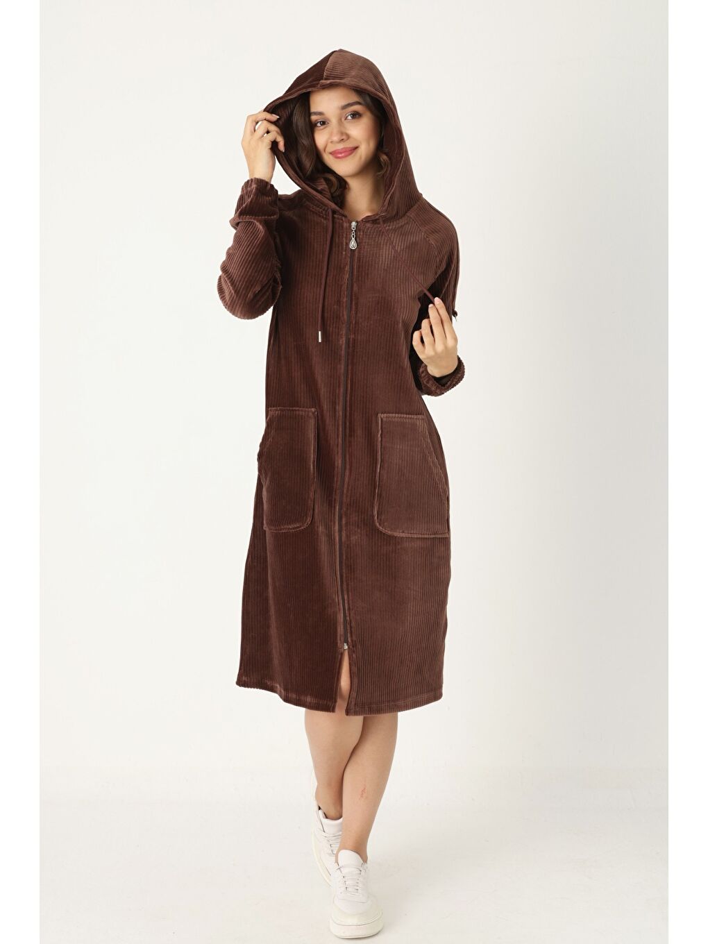 Kahverengi Kadın Haki Kapüşonlu Fermuarlı Pamuklu Kadife Cepli Elbise-2