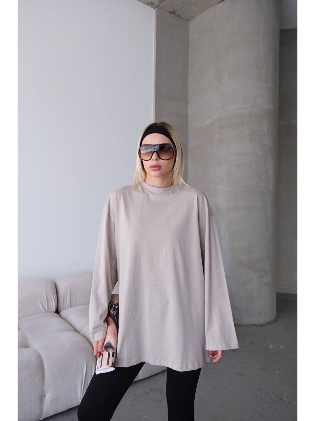 Geniş Kol Oversize 2'Li Paket T-Shirt 964 Gri/Bej-8