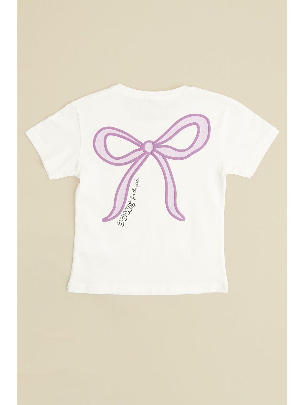 Ekru Fiyonk Nakışlı Bisiklet Yaka Kız Çocuk Tişört-1