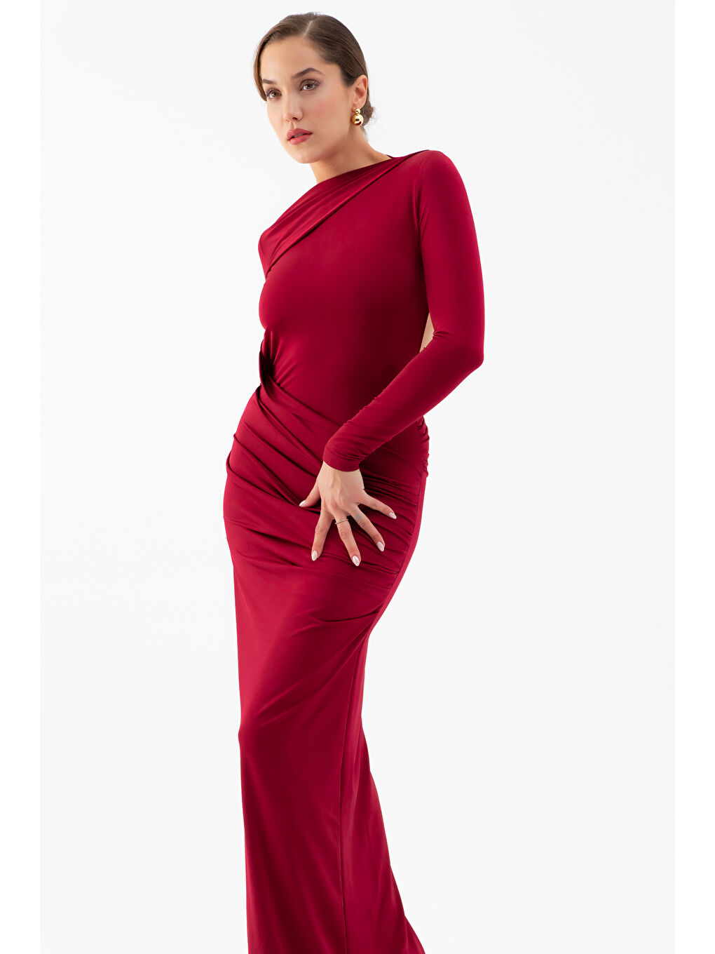 Kadın Bordo Sırt Dekolteli Uzun Örme Elbise-1