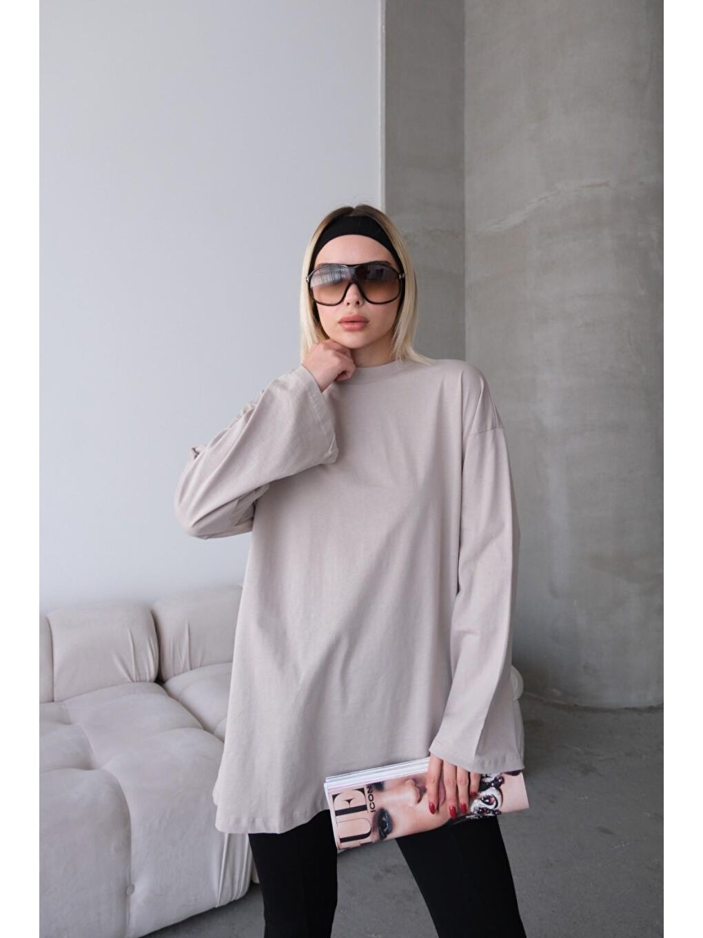 Geniş Kol Oversize 2'Li Paket T-Shirt 964 Gri/Bej-10