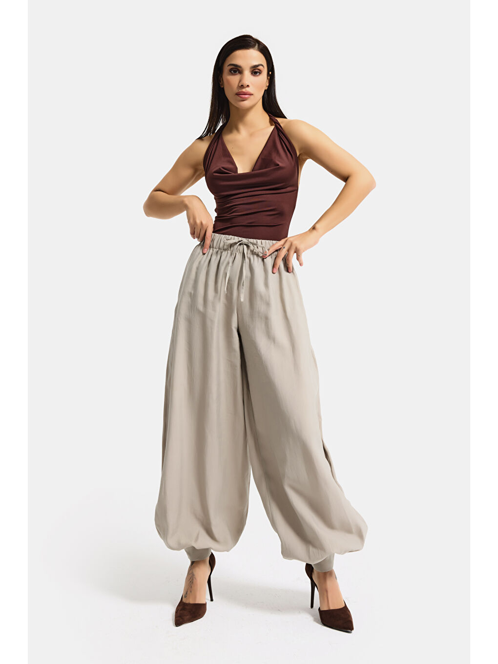 Bej Kadın Taş Renk s5-106 Baggy Fit Viskon Kumaş Rahat Kesim Yürüyüş Pantolonu-2