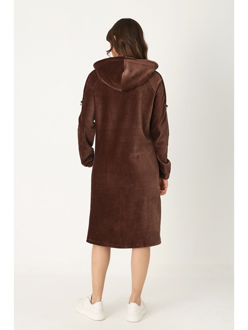 Kahverengi Kadın Haki Kapüşonlu Fermuarlı Pamuklu Kadife Cepli Elbise-6