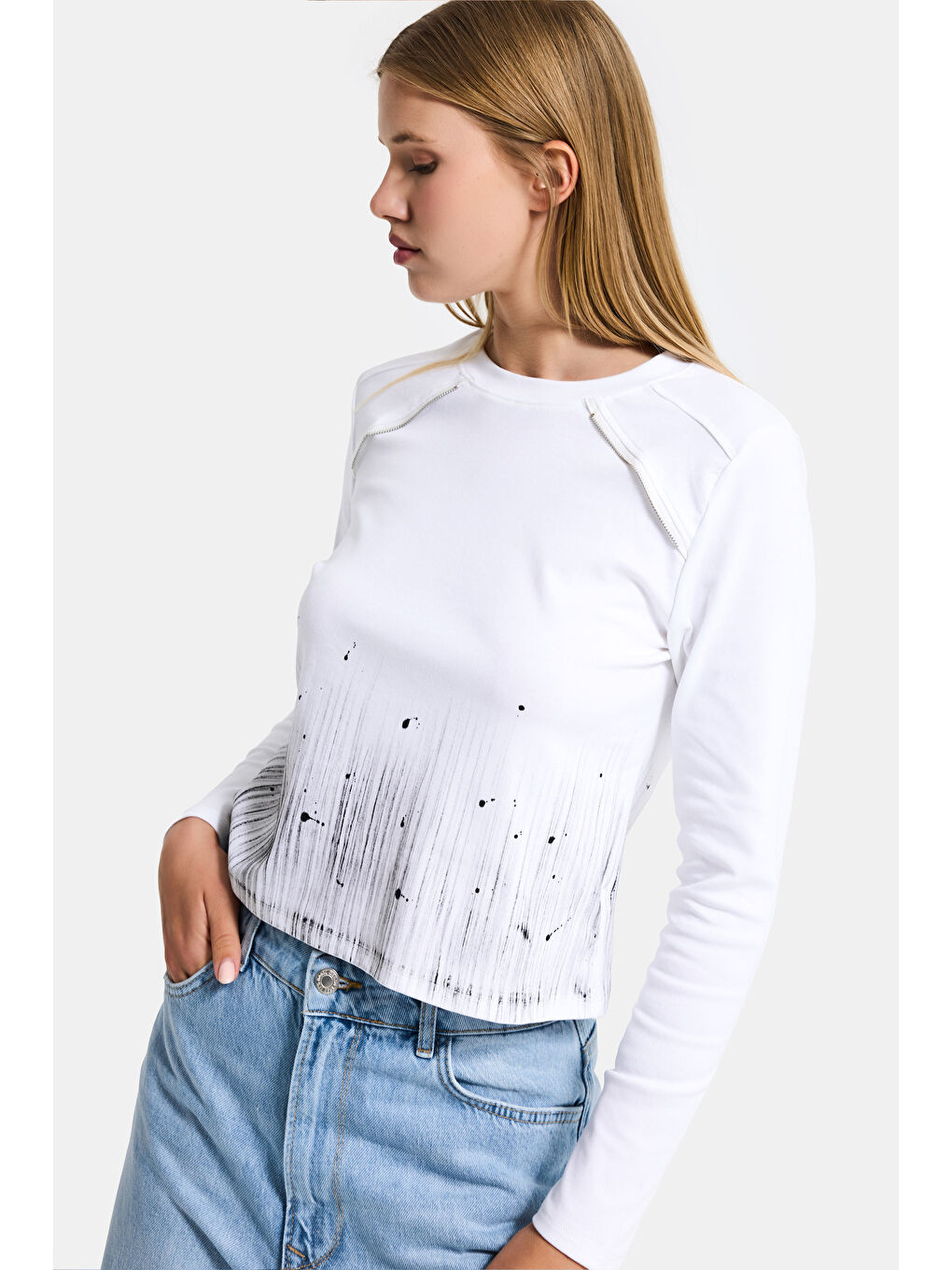 Kadın Beyaz w5 Özel Baskılı Kumaş Fermuar Detaylı Tasarım Body-5