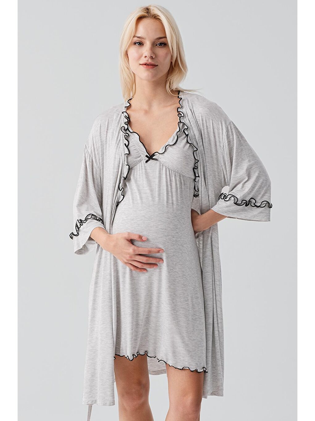 Gri Askılı Kısa Esnek Viskoz Hamile Sabahlık Gecelik Takım 19400-1